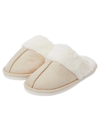 Rio Faux Suede Mule Slippers with Faux Fur Lining & Trim Beige