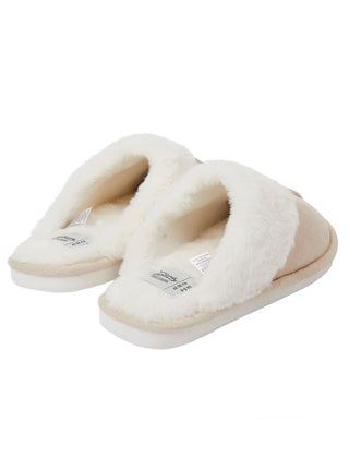 Rio Faux Suede Mule Slippers with Faux Fur Lining & Trim Beige