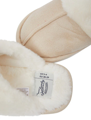 Rio Faux Suede Mule Slippers with Faux Fur Lining & Trim Beige