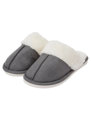 Rio Faux Suede Mule Slippers with Faux Fur Lining & Trim Grey