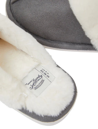 Rio Faux Suede Mule Slippers with Faux Fur Lining & Trim Grey