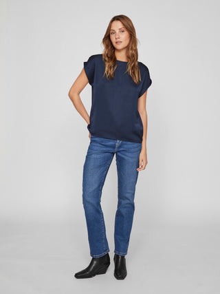 Ellette Short Sleeve Satin Top | Navy