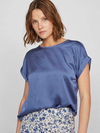 Ellette Short Sleeve Satin Top | Bijou Blue